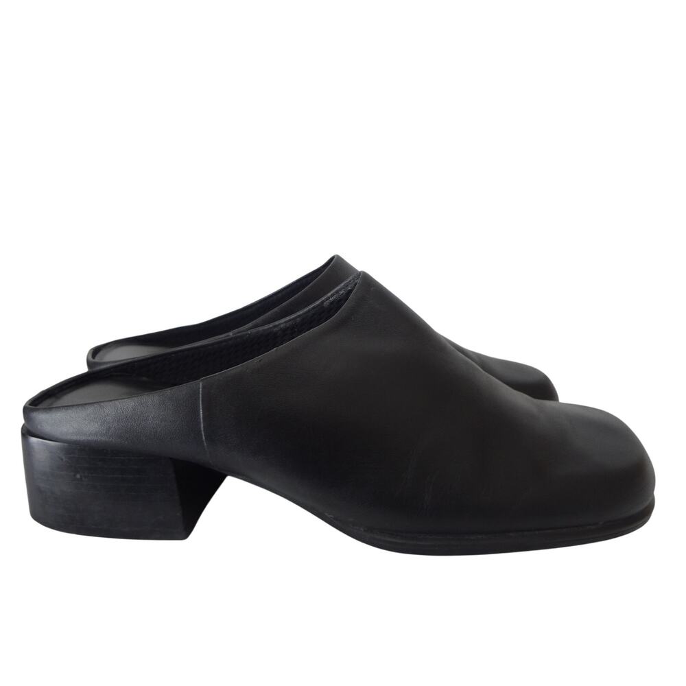 Vintage 90s Calico Black Leather Mule Heel Clog Womens 8 Slip on Round Toe